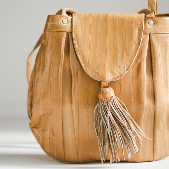 Light Camel Eel Skin Leather Oval OOAk Unique Tote - Picture 3 of 11